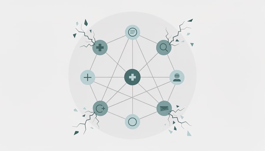 Broken chain links with warning flag representing risky link building practices