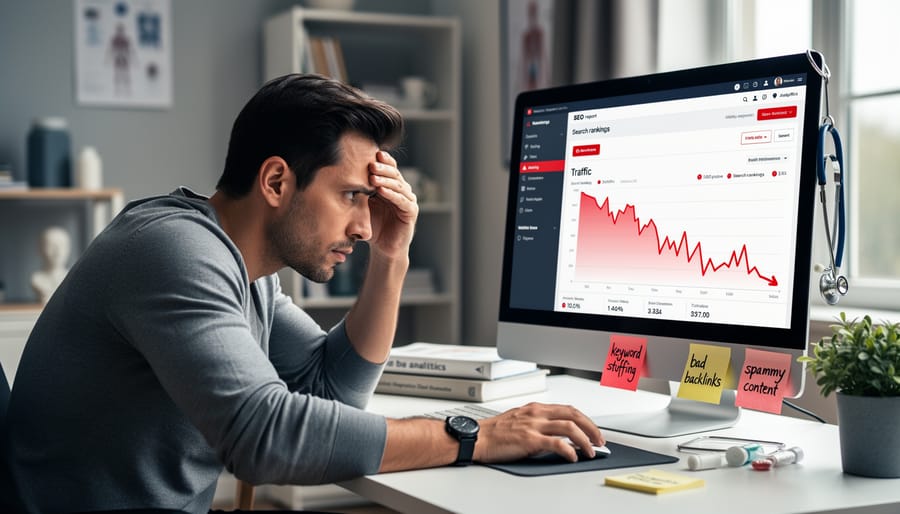 Website owner looking concerned at declining analytics on laptop screen