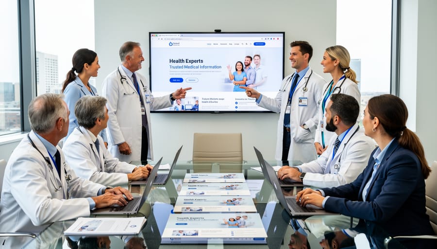 Healthcare professionals and content creators collaborating in modern office setting