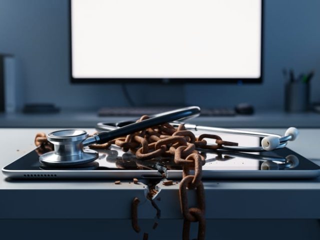 Stethoscope on a tablet wrapped in rusted chains with several broken links, symbolizing risky PBN backlinks threatening health site credibility.