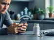 Person at a kitchen table holding a smartphone while translucent up-arrow icons float upward; a blank-labeled pill bottle and stethoscope sit nearby, with a softly blurred home interior in the background.