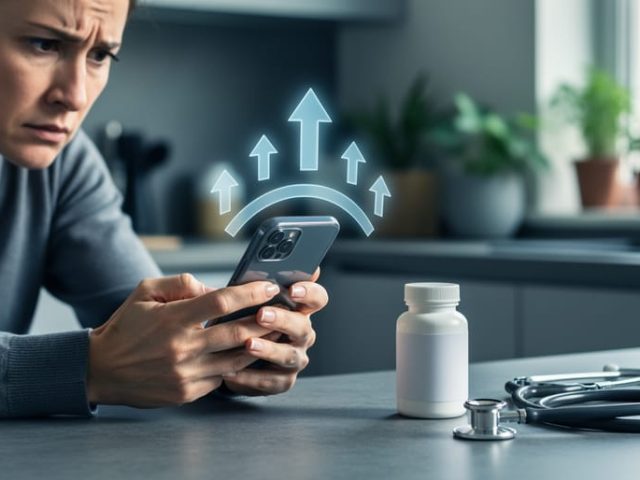 Person at a kitchen table holding a smartphone while translucent up-arrow icons float upward; a blank-labeled pill bottle and stethoscope sit nearby, with a softly blurred home interior in the background.