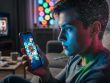 Young adult in a dim room holding a glowing smartphone with abstract casino-style animations, dramatic side lighting, blurred neon slot-machine lights in the background, and a subtle double-exposure neural network around the head to suggest neurological impact.