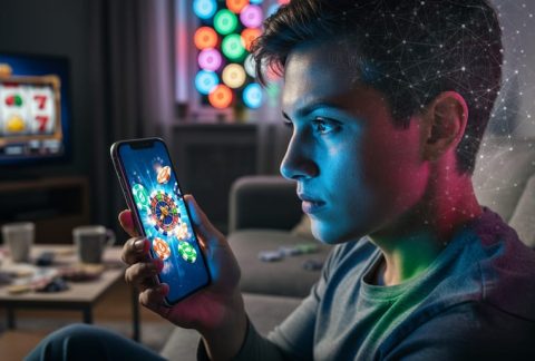 Young adult in a dim room holding a glowing smartphone with abstract casino-style animations, dramatic side lighting, blurred neon slot-machine lights in the background, and a subtle double-exposure neural network around the head to suggest neurological impact.