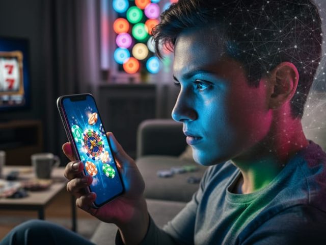 Young adult in a dim room holding a glowing smartphone with abstract casino-style animations, dramatic side lighting, blurred neon slot-machine lights in the background, and a subtle double-exposure neural network around the head to suggest neurological impact.
