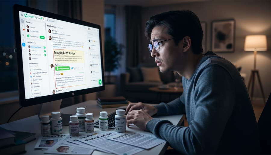 Woman looking concerned while reading health information on laptop