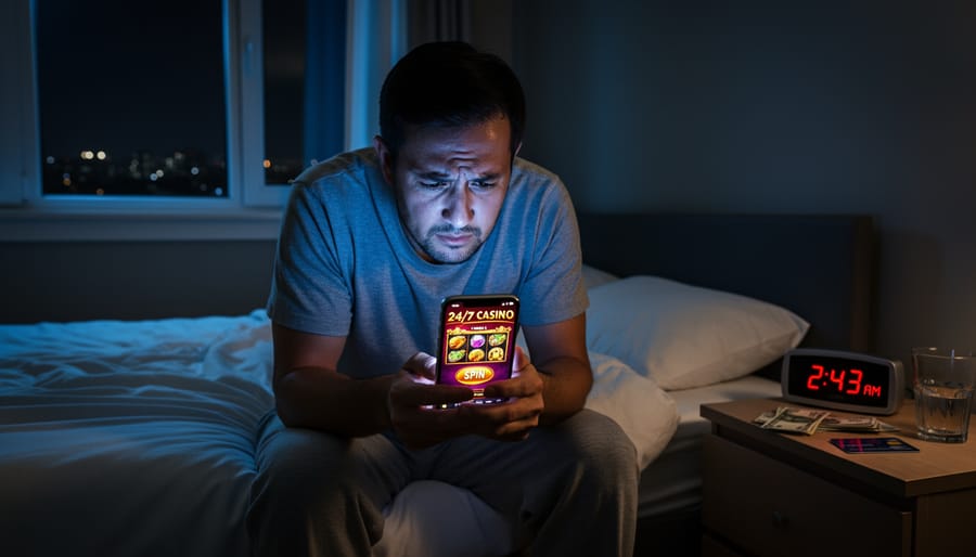 Person using smartphone for online gambling in dark bedroom at night