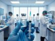 Gloved hand holding a clear vaccine vial next to a syringe in a bright biomedical lab, with masked researchers and stainless-steel equipment softly blurred in the background.