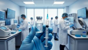 Gloved hand holding a clear vaccine vial next to a syringe in a bright biomedical lab, with masked researchers and stainless-steel equipment softly blurred in the background.
