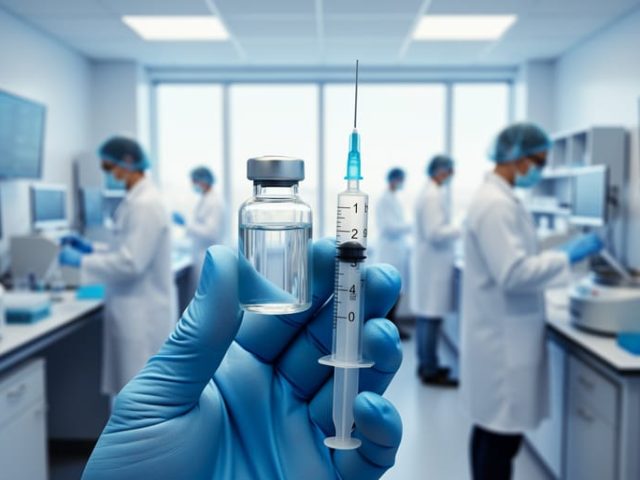 Gloved hand holding a clear vaccine vial next to a syringe in a bright biomedical lab, with masked researchers and stainless-steel equipment softly blurred in the background.