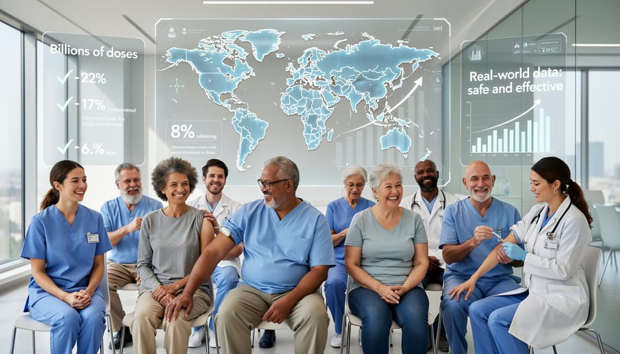 Healthcare workers standing together in hospital representing global vaccination efforts
