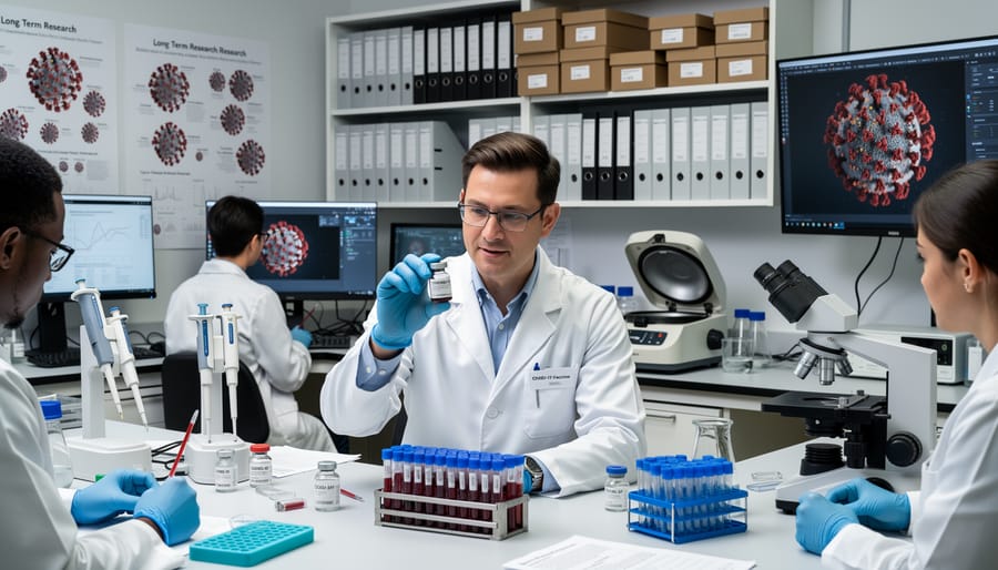 Scientist in laboratory holding and examining vaccine vial