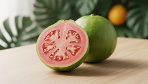 Halved guava with bright pink flesh and visible seeds next to whole guavas on a light wooden surface.