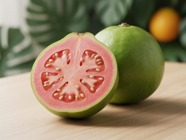 Halved guava with bright pink flesh and visible seeds next to whole guavas on a light wooden surface.