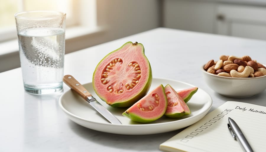 Guava slices in a bowl on a kitchen table with natural light