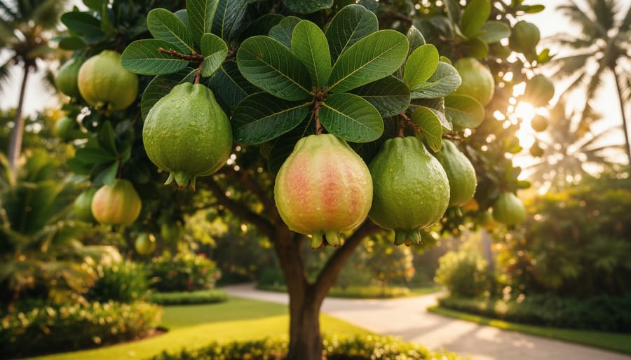 Guava tree branches with fruit illuminated by golden hour sunlight