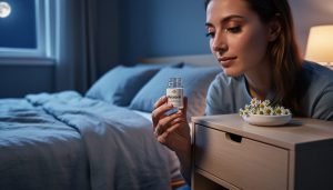 Person in a dim bedroom holding a melatonin bottle near a chamomile sprig on a bedside table.