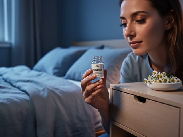 Person in a dim bedroom holding a melatonin bottle near a chamomile sprig on a bedside table.
