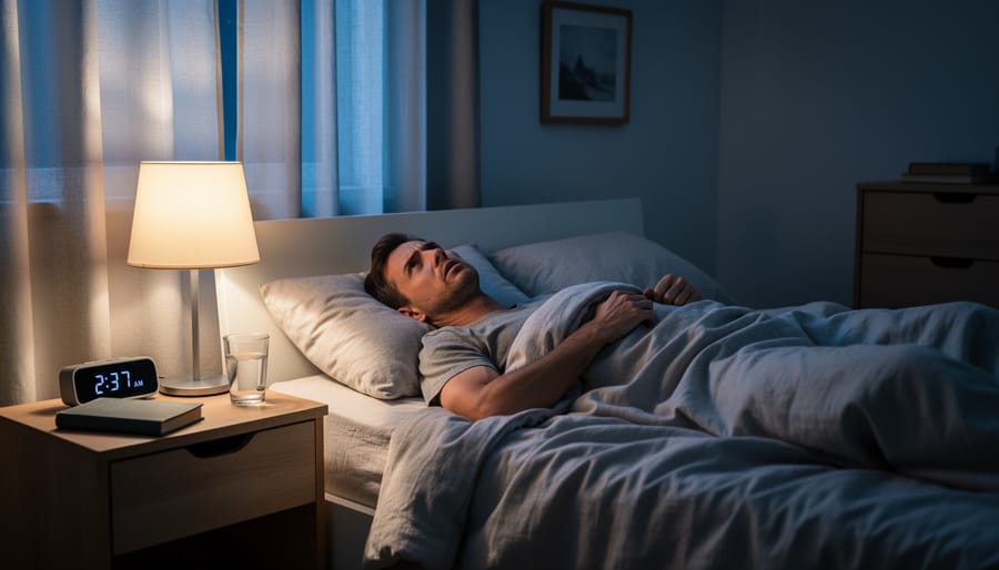 Person lying awake in bed at night beside a dim bedside lamp trying to fall asleep