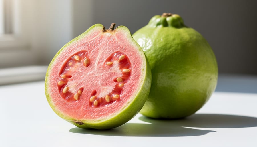 Close-up of a sliced guava showing pink-red flesh and visible seeds