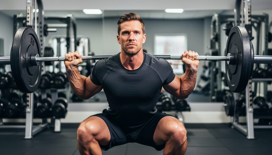 Adult performing a dumbbell strength exercise in a gym with sharp focus on the weights and proper grip.