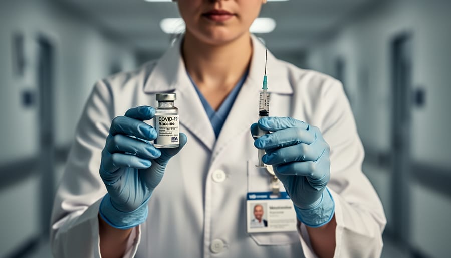 Clinician in a lab coat holding a sealed COVID-19 vaccine vial and a sterile syringe