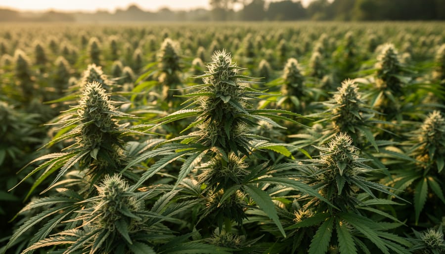 Close-up of green hemp plant leaves and buds in soft morning light.