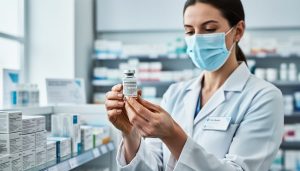 A pharmacist holding a COVID-19 vaccine vial at a modern pharmacy counter, with vaccine supplies blurred in the background.