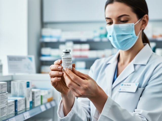 A pharmacist holding a COVID-19 vaccine vial at a modern pharmacy counter, with vaccine supplies blurred in the background.