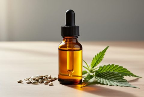Amber glass dropper bottle of hemp-derived CBD oil with golden liquid, surrounded by hemp seeds and green hemp leaves on a wooden surface