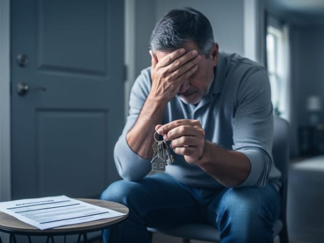 Person seated indoors near a closed front door, holding keys while a repossession notice lies on a table nearby, symbolizing financial stress and anxiety.
