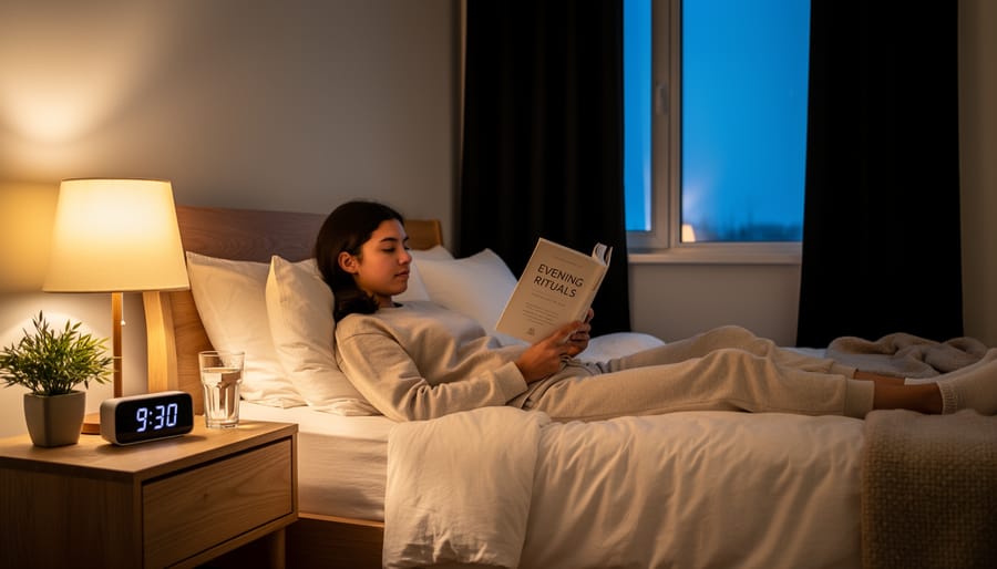 Man preparing for sleep at night with a book closed and phone face-down on a bedside table.