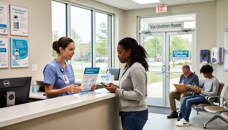 People waiting outside a clinic entrance for a COVID-19 vaccine appointment