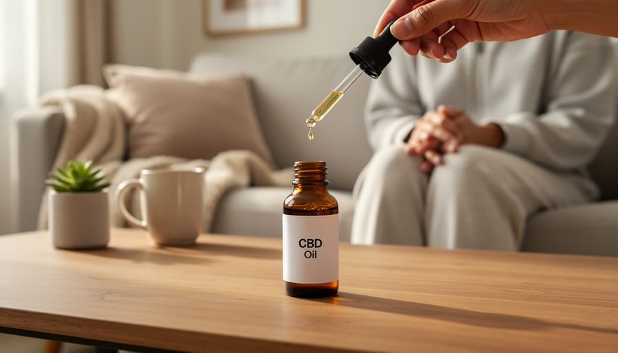 Person holding a dropper bottle of amber CBD oil above a kitchen counter.