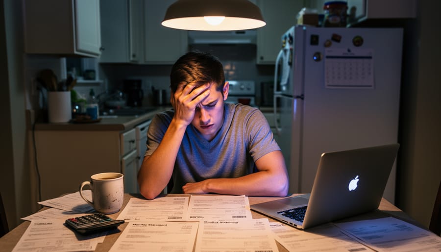 Person sitting at a kitchen table at night holding financial documents while looking overwhelmed