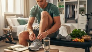 A man ties his athletic shoes next to a notebook and water in a bright home setting with workout and healthy food items nearby.
