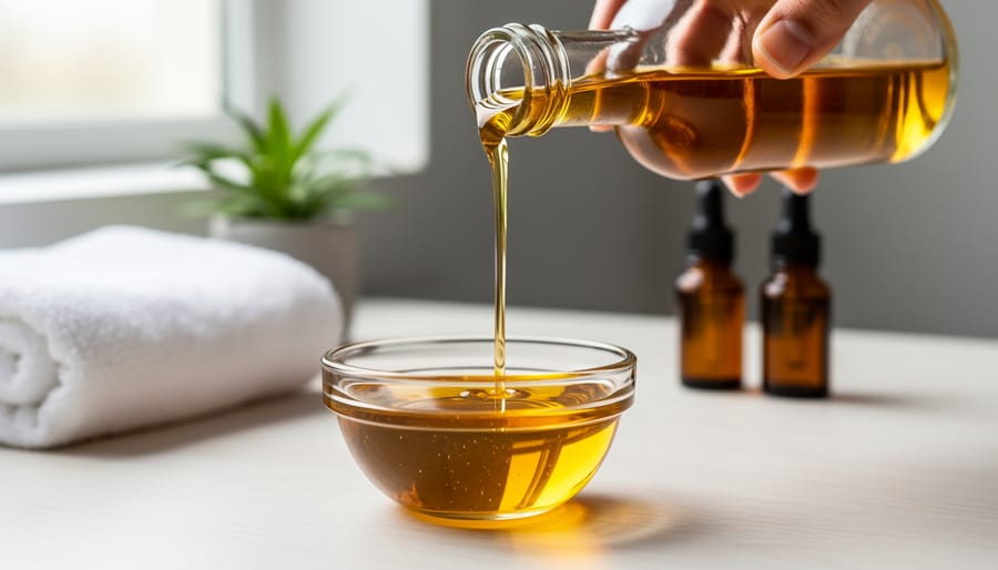 Bottle and glass pour of golden hemp oil on a wooden kitchen counter with natural light.