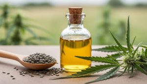 Close-up of a glass bottle of hemp seed oil next to a wooden spoon filled with hemp seeds and fresh green hemp leaves in the background.