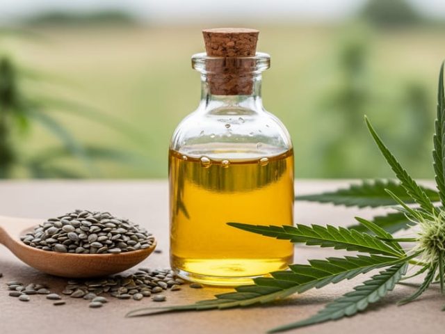 Close-up of a glass bottle of hemp seed oil next to a wooden spoon filled with hemp seeds and fresh green hemp leaves in the background.