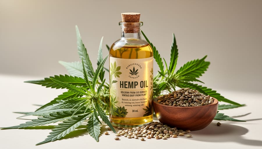 Close-up of hemp seeds and a spoon with hemp oil next to green hemp leaves