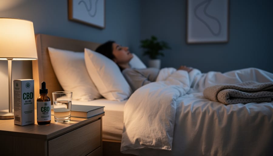 Nightstand with a CBD oil bottle and warm lamp lighting in a calm bedroom