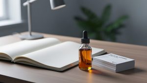 “CBD oil dropper bottle next to an open notebook and medical-style reference cards, suggesting an educational benefits chart concept.”