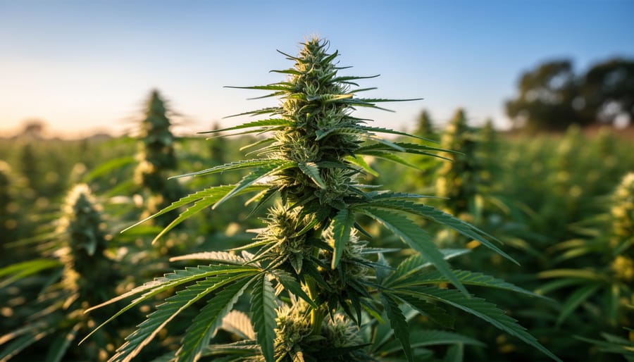 Green hemp plant in the foreground near a person relaxing outdoors holding a small cup of water