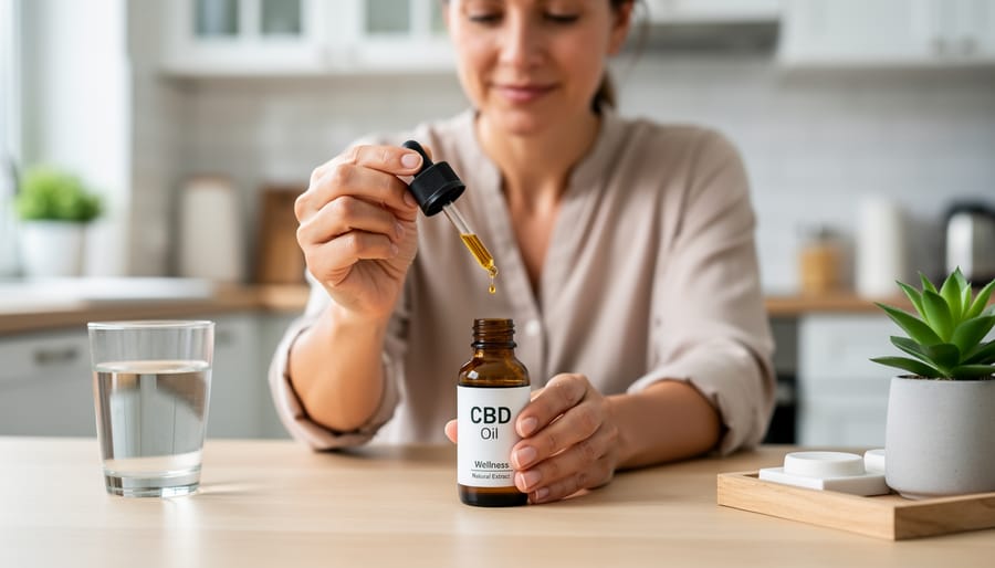 Person holding a dropper bottle of CBD oil over a countertop in soft natural light